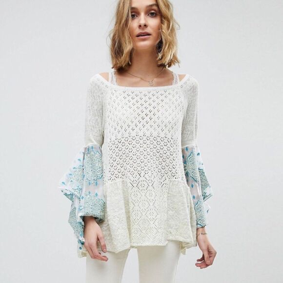 Free People Pointelle Breeze Knit Top in Ivory Combo L - Picture 1 of 12